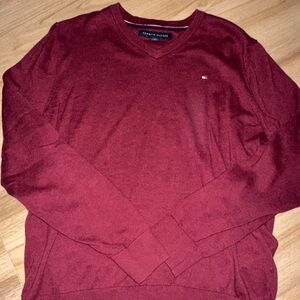 TOMMY HILFIGER Mens V-Neck Jumper Sweater XL Maroon Cotton
